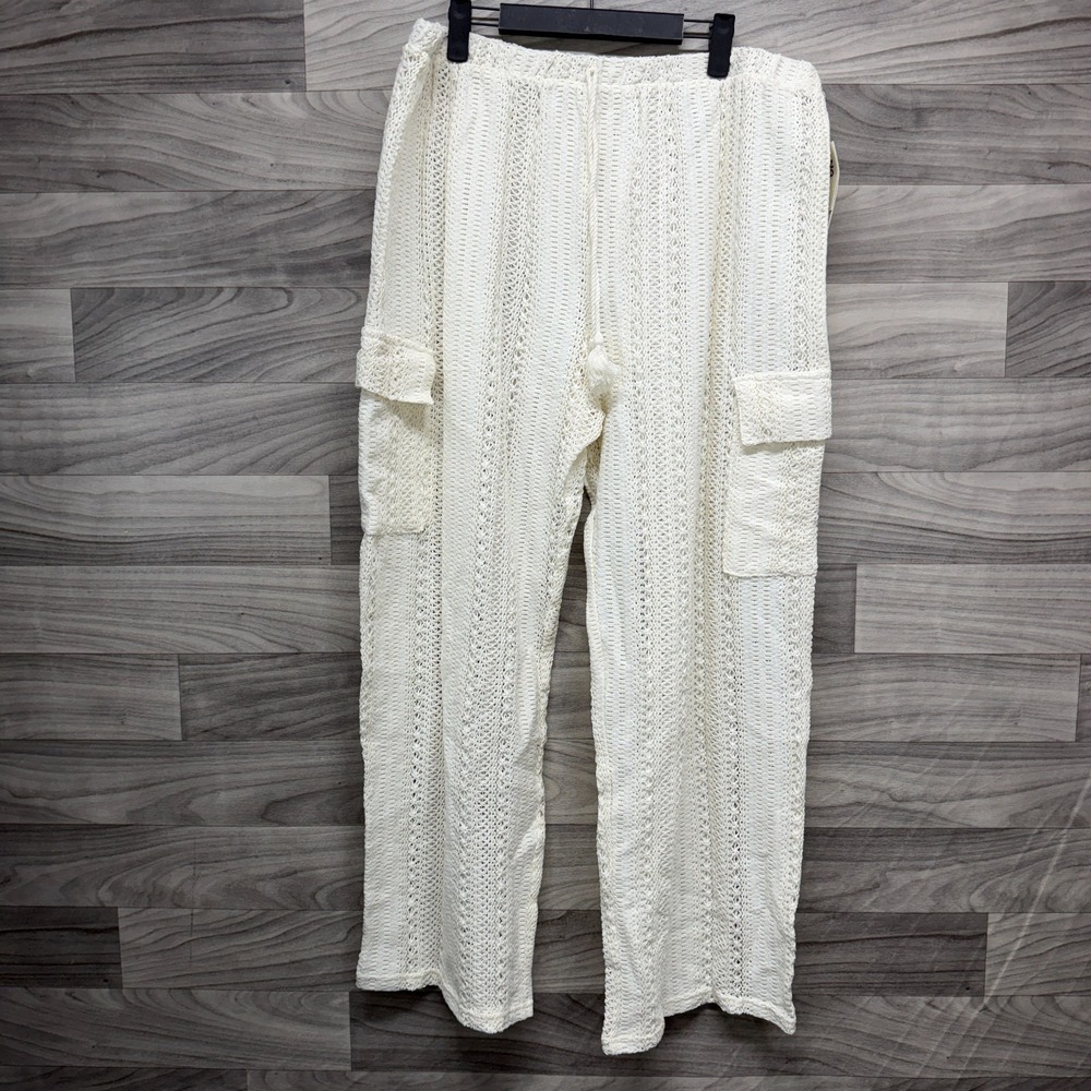 No Boundaries Crochet Cargo Pants Women's 2XL Cream Wide Leg Drawstring Waist